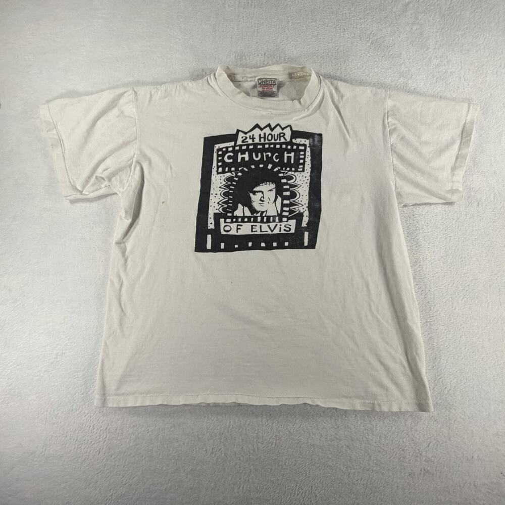 Vintage 90s Oneita 24 Hour Church of Elvis T-Shirt Unisex Portland OR - Flaw